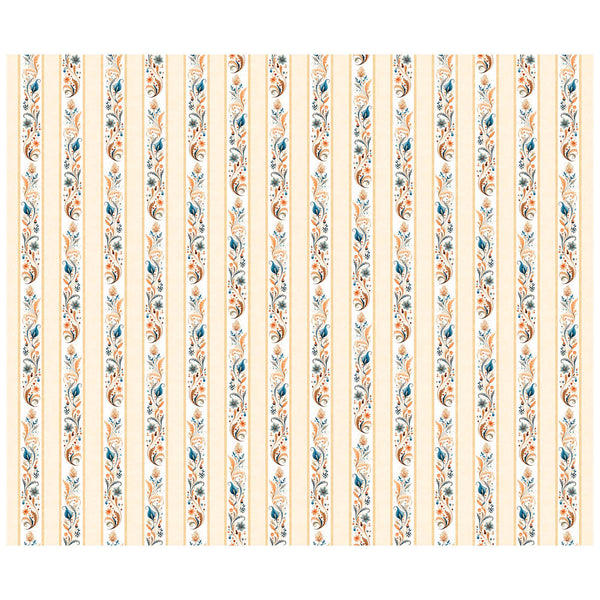 Image of the Poultry in Motion Floral Scroll Decorative Stripe Cream quilting cotton fabric by QT Fabrics. Features flowers on a tan background. Cute Little Fabric Shop