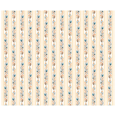 Image of the Poultry in Motion Floral Scroll Decorative Stripe Cream quilting cotton fabric by QT Fabrics. Features flowers on a tan background. Cute Little Fabric Shop