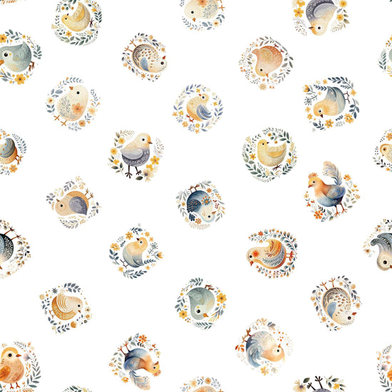 Image of the Poultry in Motion Chicks White quilting cotton fabric by QT Fabrics. Features chickens on a white background. Cute Little Fabric Shop
