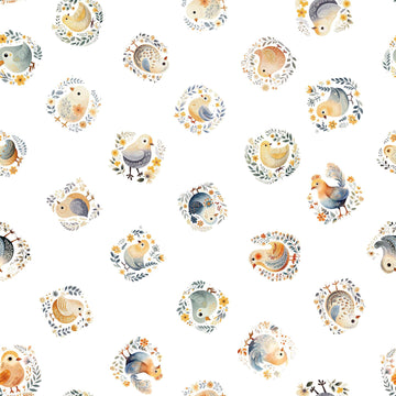 Image of the Poultry in Motion Chicks White quilting cotton fabric by QT Fabrics. Features chickens on a white background. Cute Little Fabric Shop