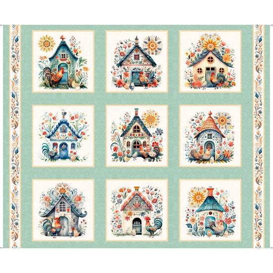 Image of the Poultry In Motion Chicken Coop Picture Patches Sage quilting cotton fabric by QT Fabrics. Features chickens and coops in squares on a fabric. 
Cute Little Fabric Shop