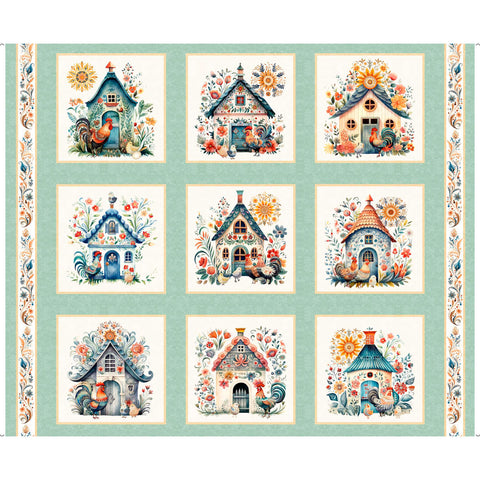 Image of the Poultry In Motion Chicken Coop Picture Patches Sage quilting cotton fabric by QT Fabrics. Features chickens and coops in squares on a fabric. 
Cute Little Fabric Shop