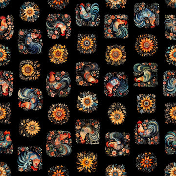 Image of the Poultry in Motion Roosters and Sunflowers Black quilting cotton fabric by QT Fabrics. Features chickens on a black background. Cute Little Fabric Shop