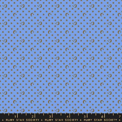 Image of the Ooh Lucky Lucky Stars Dusk quilting cotton fabric by Ruby Star Society for Moda Fabrics. Features stars on a blue background. Cute Little Fabric Shop