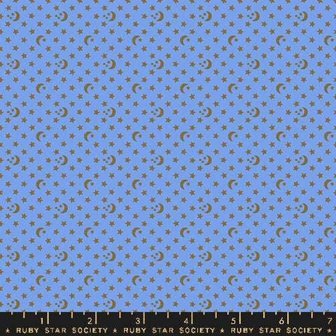 Image of the Ooh Lucky Lucky Stars Dusk quilting cotton fabric by Ruby Star Society for Moda Fabrics. Features stars on a blue background. Cute Little Fabric Shop