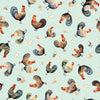 Image of the Poultry in Motion Hens & Chicks Sage quilting cotton fabric by QT Fabrics. Features chickens on a green background. Cute Little Fabric Shop