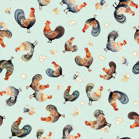 Image of the Poultry in Motion Hens & Chicks Sage quilting cotton fabric by QT Fabrics. Features chickens on a green background. Cute Little Fabric Shop