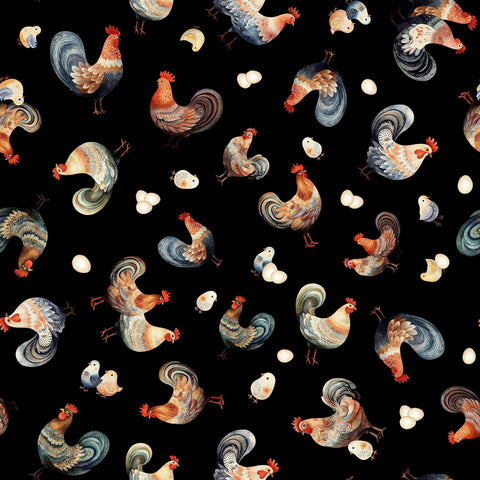 Image of the Poultry in Motion Hens & Chicks Black quilting cotton fabric by QT Fabrics. Features chickens on a black background. Cute Little Fabric Shop