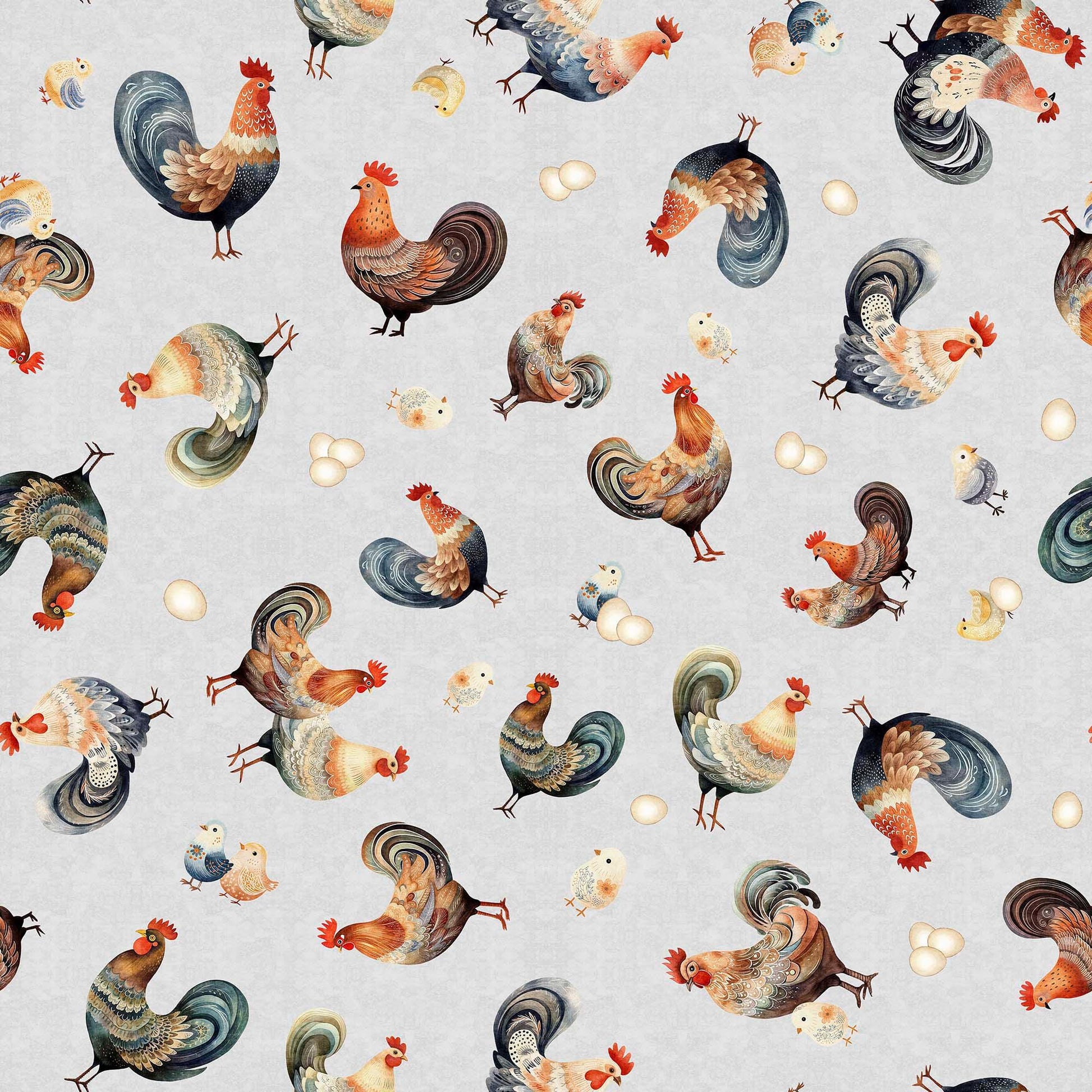 Image of the Poultry in Motion Hens & Chicks Gray quilting cotton fabric by QT Fabrics. Features chickens on a gray background. Cute Little Fabric Shop
