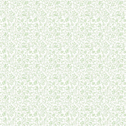 Image of the Poultry in Motion Vine Scroll Mint quilting cotton fabric by QT Fabrics. Features flowers on a mint background. Cute Little Fabric Shop