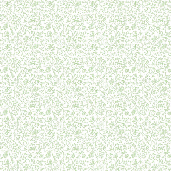 Image of the Poultry in Motion Vine Scroll Mint quilting cotton fabric by QT Fabrics. Features flowers on a mint background. Cute Little Fabric Shop