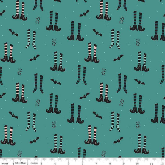 35" End of Bolt - Little Witch Witches Socks C14561 Light Teal - Riley Blake Designs - Socks Boots Bats - Quilting Cotton Fabric