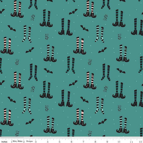 16" End of Bolt - Little Witch Witches Socks C14561 Light Teal - Riley Blake Designs - Socks Boots Bats - Quilting Cotton Fabric
