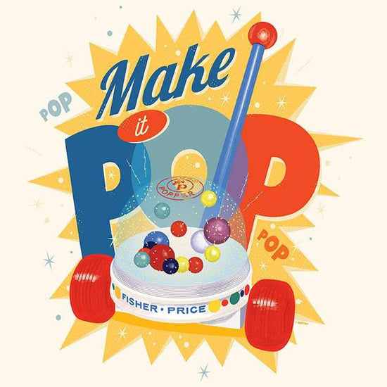 Image of the Pop 'n Play Make It POP Panel quilting cotton fabric by Riley Blake Designs. Features a vintage Fisher-Price Corn Popper toy. Licensed Product. 
Cute Little Fabric Shop