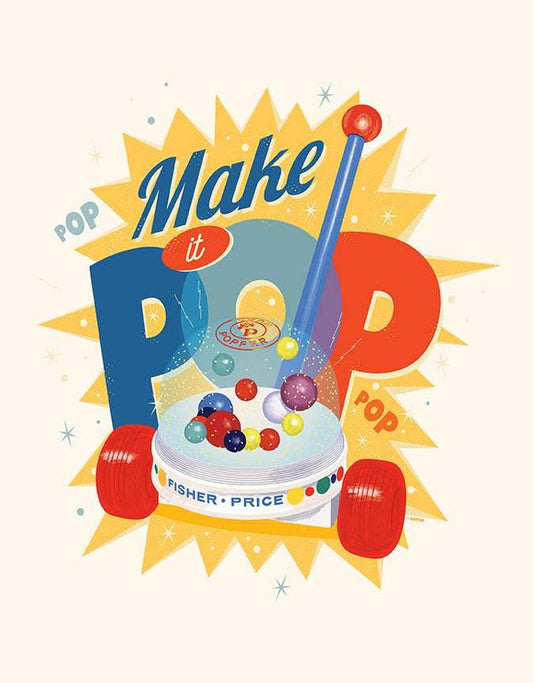 Image of the Pop 'n Play Make It POP Panel quilting cotton fabric by Riley Blake Designs. Features a vintage Fisher-Price Corn Popper toy. Licensed Product. 
Cute Little Fabric Shop