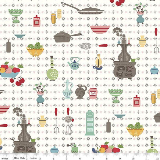 DEAL Cook Book Wallpaper C11750 Multi - Riley Blake Designs - Lori Holt - Vintage Kitchen Pans Stove Off White  - Quilting Cotton Fabric
