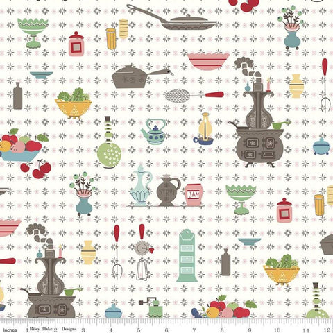 Cook Book Wallpaper C11750 Multi - Riley Blake Designs - Lori Holt - Vintage Kitchen Pans Stove Off White  - Quilting Cotton Fabric