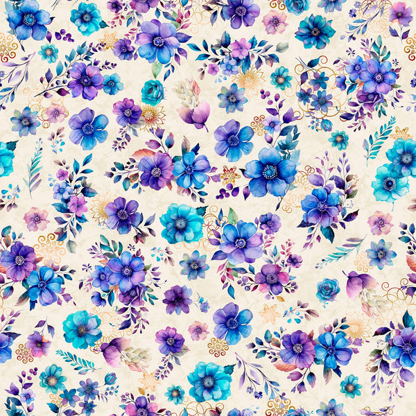 Image of the Fantasia Floral Toss Cream quilting cotton fabric by QT Fabrics. Features flowers on a cream background. Cute Little Fabric Shop