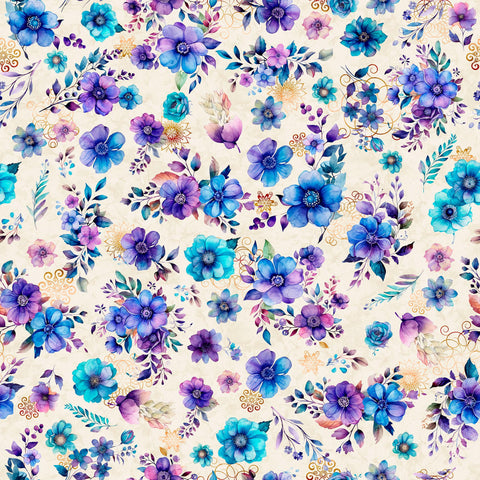 Image of the Fantasia Floral Toss Cream quilting cotton fabric by QT Fabrics. Features flowers on a cream background. Cute Little Fabric Shop