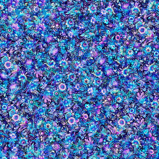 Image of the Fantasia Packed Floral Blue quilting cotton fabric by QT Fabrics. Features flowers on a blue background. Cute Little Fabric Shop