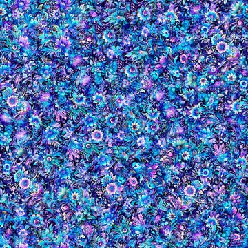 Image of the Fantasia Packed Floral Blue quilting cotton fabric by QT Fabrics. Features flowers on a blue background. Cute Little Fabric Shop