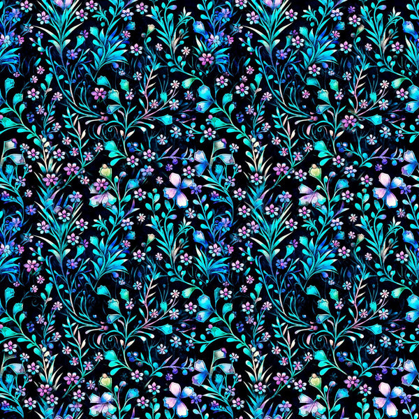 Image of the Fantasia Floral Vine Black quilting cotton fabric by QT Fabrics. Features flowers on a black background. Cute Little Fabric Shop