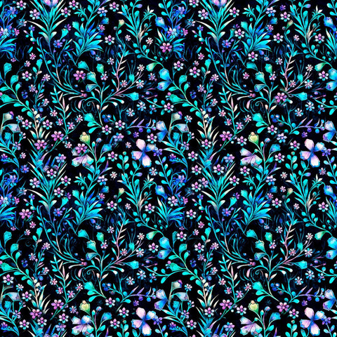 Image of the Fantasia Floral Vine Black quilting cotton fabric by QT Fabrics. Features flowers on a black background. Cute Little Fabric Shop