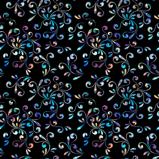 Image of the Fantasia Floral Swirl Black quilting cotton fabric by QT Fabrics. Features flowers on a black background. Cute Little Fabric Shop