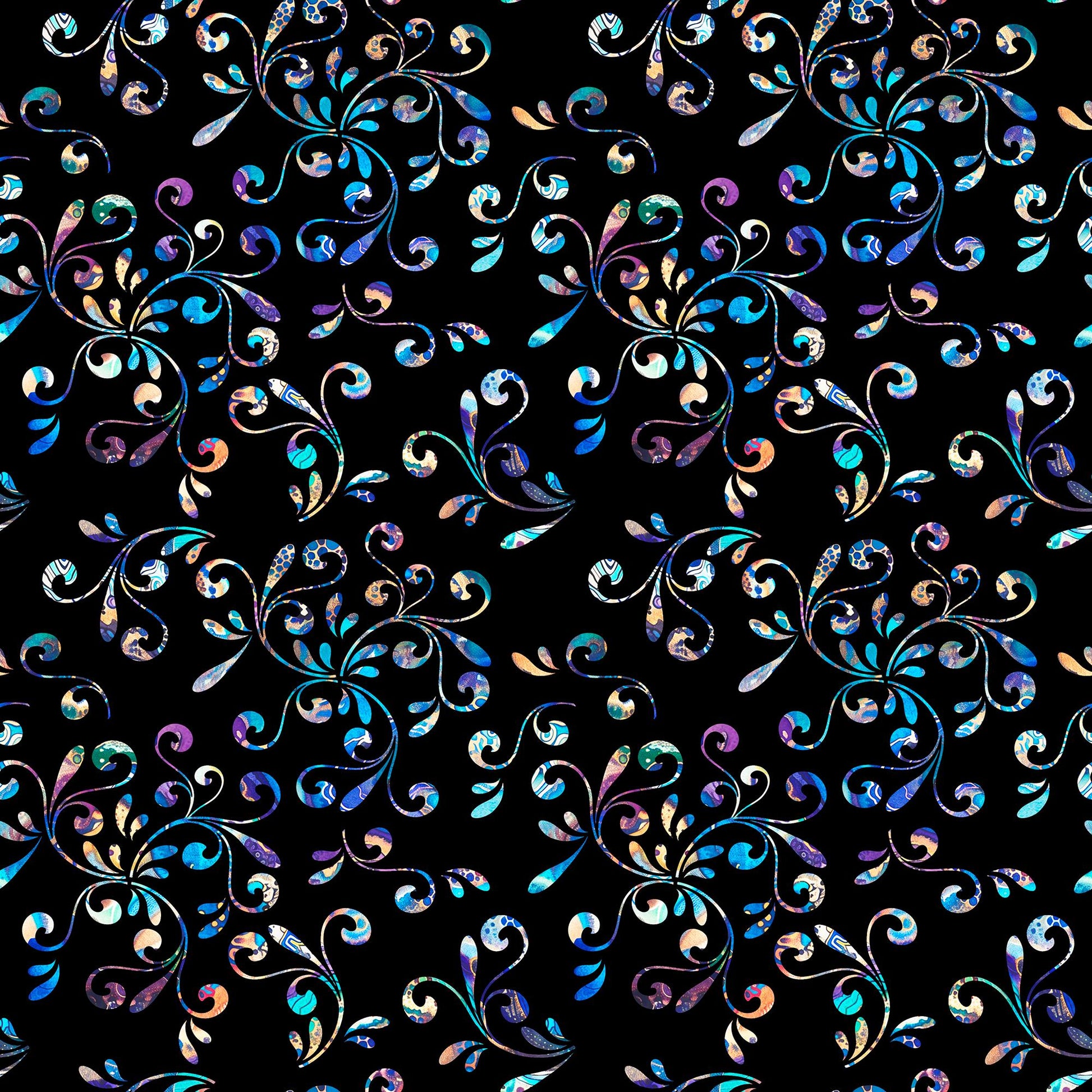 Image of the Fantasia Floral Swirl Black quilting cotton fabric by QT Fabrics. Features flowers on a black background. Cute Little Fabric Shop