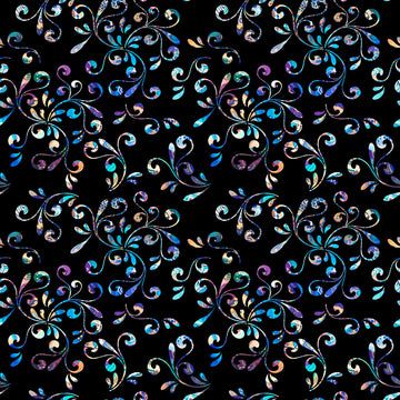 Image of the Fantasia Floral Swirl Black quilting cotton fabric by QT Fabrics. Features flowers on a black background. Cute Little Fabric Shop
