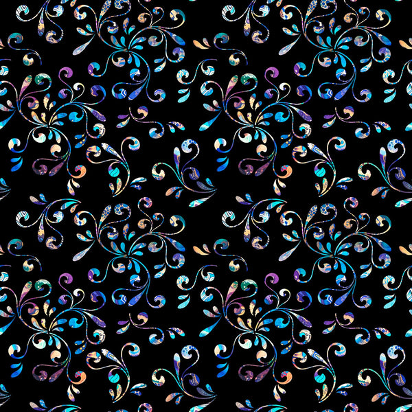 Image of the Fantasia Floral Swirl Black quilting cotton fabric by QT Fabrics. Features flowers on a black background. Cute Little Fabric Shop