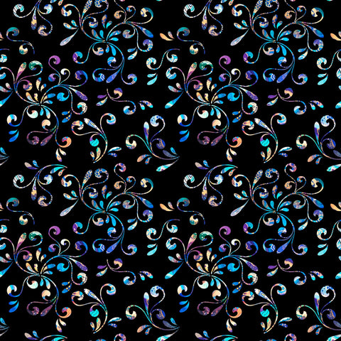 Image of the Fantasia Floral Swirl Black quilting cotton fabric by QT Fabrics. Features flowers on a black background. Cute Little Fabric Shop