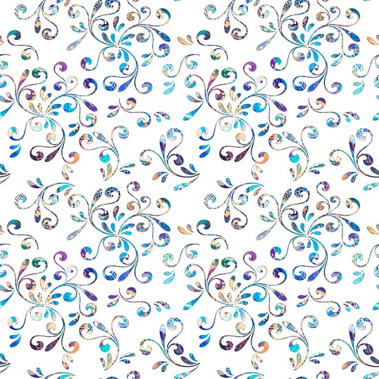Image of the Fantasia Floral Swirl White quilting cotton fabric by QT Fabrics. Features flowers on a white background. Cute Little Fabric Shop