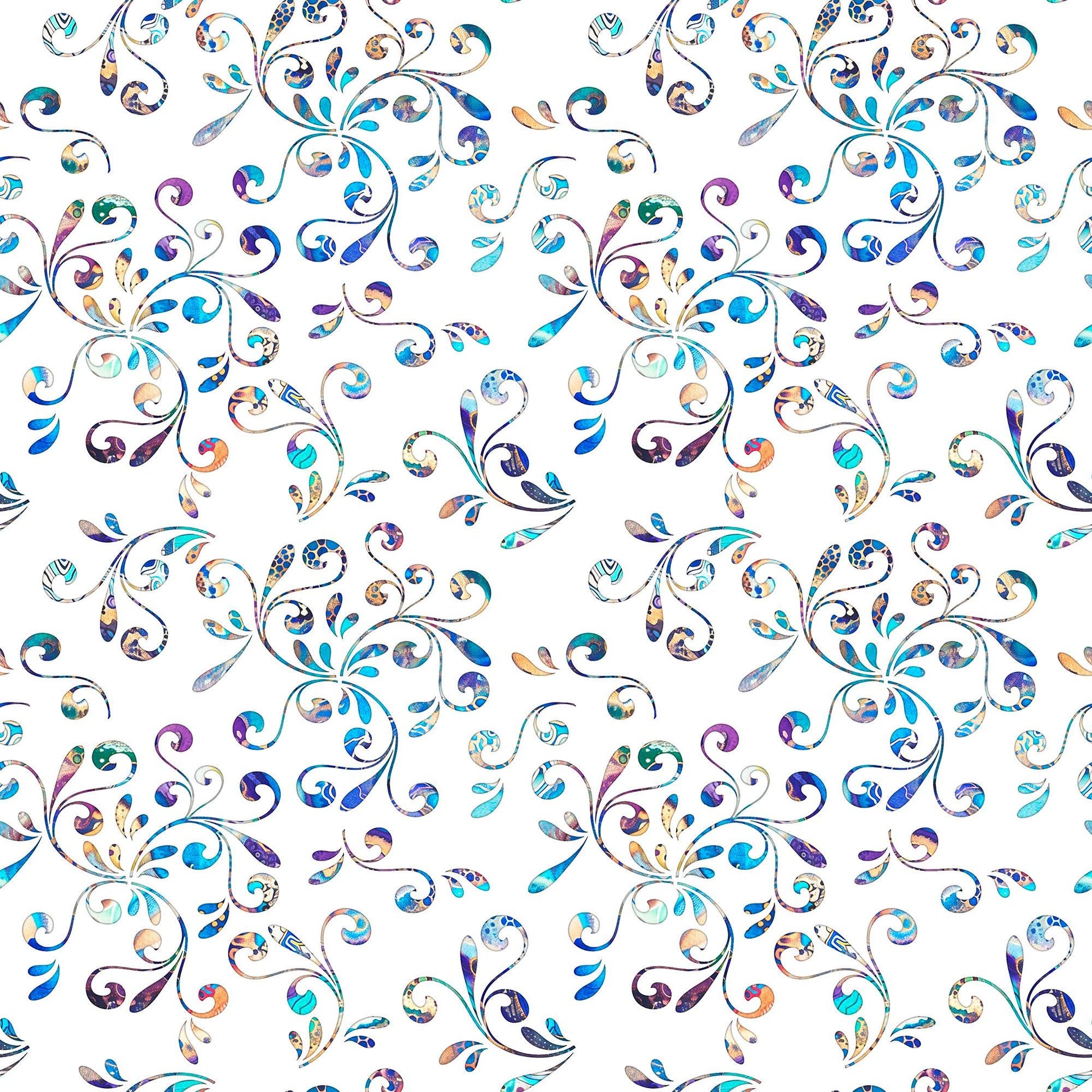 Image of the Fantasia Floral Swirl White quilting cotton fabric by QT Fabrics. Features flowers on a white background. Cute Little Fabric Shop