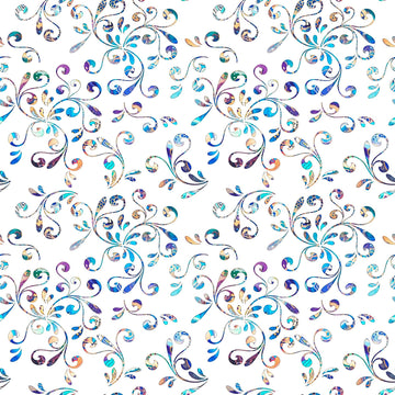 Image of the Fantasia Floral Swirl White quilting cotton fabric by QT Fabrics. Features flowers on a white background. Cute Little Fabric Shop