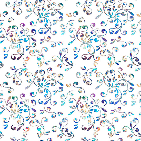 Image of the Fantasia Floral Swirl White quilting cotton fabric by QT Fabrics. Features flowers on a white background. Cute Little Fabric Shop