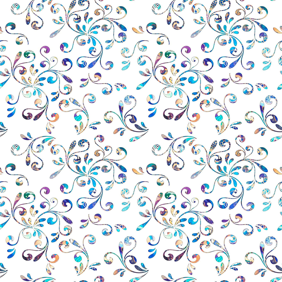 Image of the Fantasia Floral Swirl White quilting cotton fabric by QT Fabrics. Features flowers on a white background. Cute Little Fabric Shop