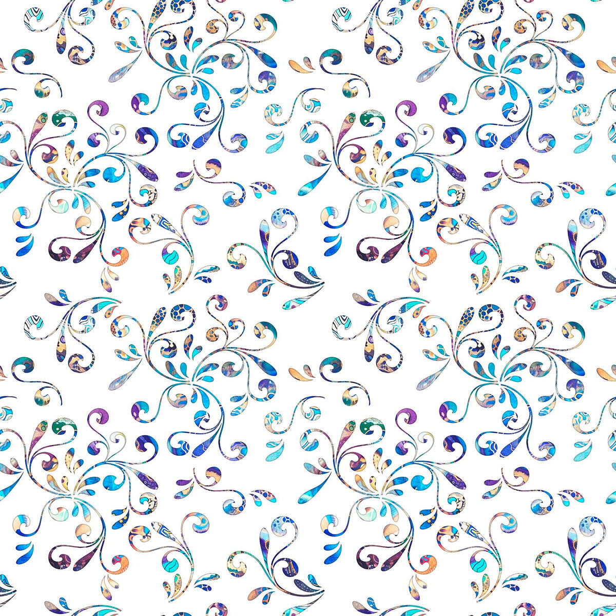 Image of the Fantasia Floral Swirl White quilting cotton fabric by QT Fabrics. Features flowers on a white background. Cute Little Fabric Shop