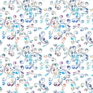Image of the Fantasia Floral Swirl White quilting cotton fabric by QT Fabrics. Features flowers on a white background. Cute Little Fabric Shop