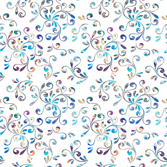 Image of the Fantasia Floral Swirl White quilting cotton fabric by QT Fabrics. Features flowers on a white background. Cute Little Fabric Shop