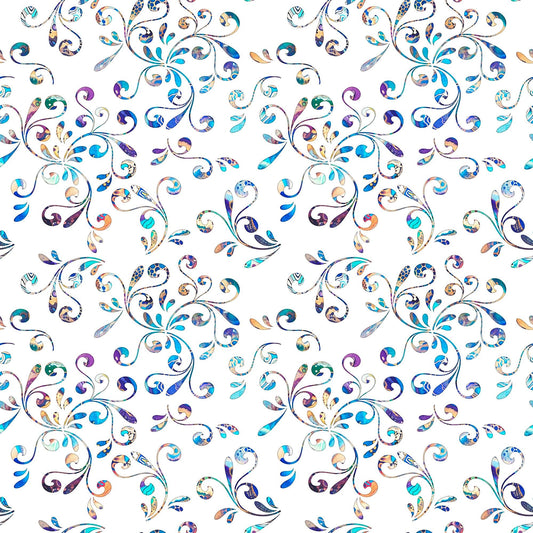Image of the Fantasia Floral Swirl White quilting cotton fabric by QT Fabrics. Features flowers on a white background. Cute Little Fabric Shop