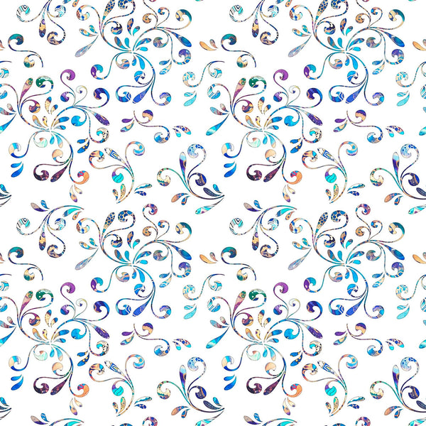 Image of the Fantasia Floral Swirl White quilting cotton fabric by QT Fabrics. Features flowers on a white background. Cute Little Fabric Shop