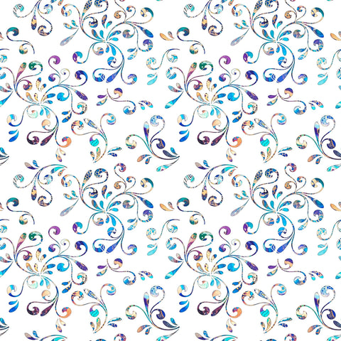 Image of the Fantasia Floral Swirl White quilting cotton fabric by QT Fabrics. Features flowers on a white background. Cute Little Fabric Shop