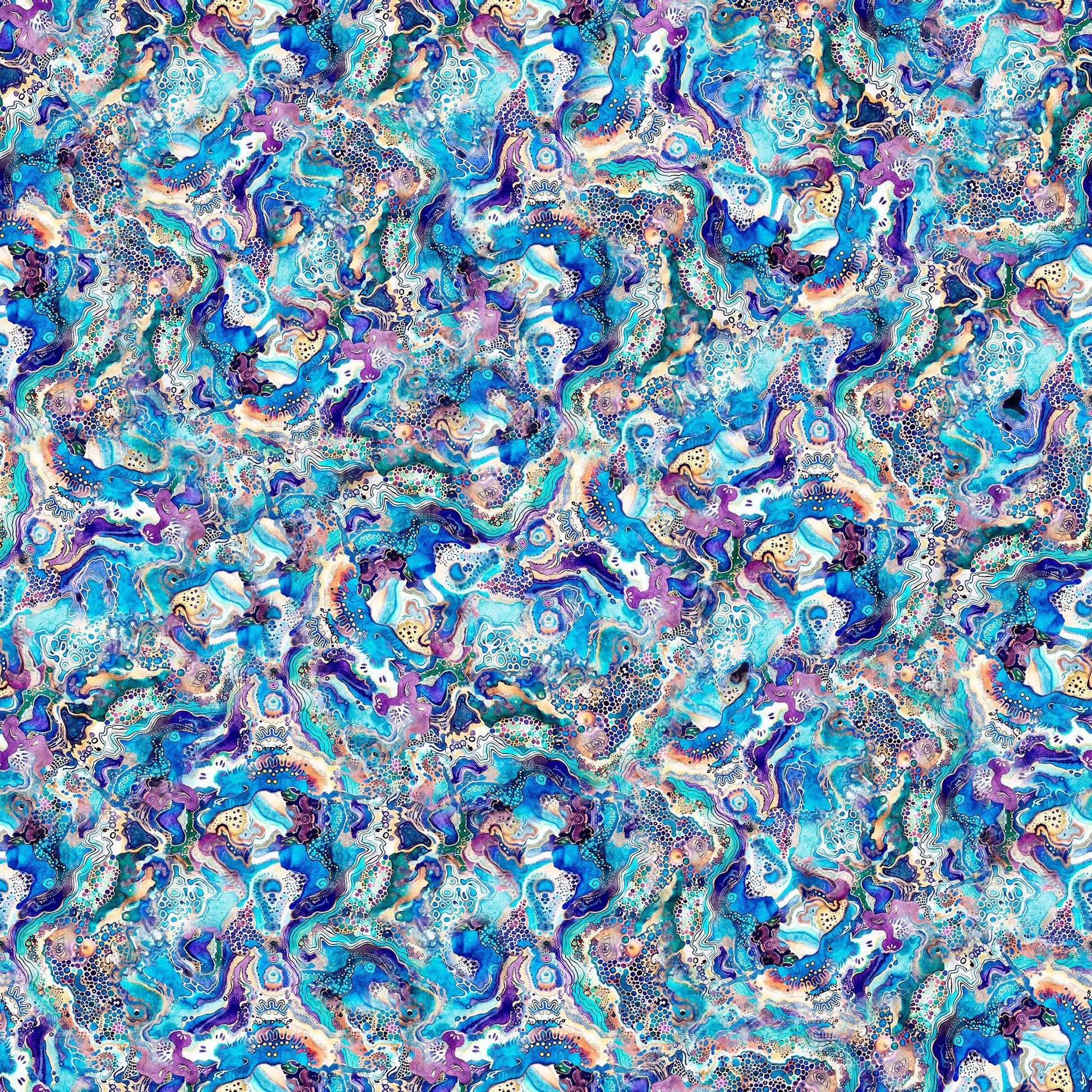 Image of the Fantasia Abstract Flow Blue quilting cotton fabric by QT Fabrics. Features flowers on a blue background. Cute Little Fabric Shop