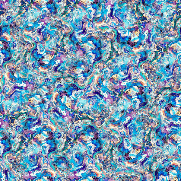 Image of the Fantasia Abstract Flow Blue quilting cotton fabric by QT Fabrics. Features flowers on a blue background. Cute Little Fabric Shop