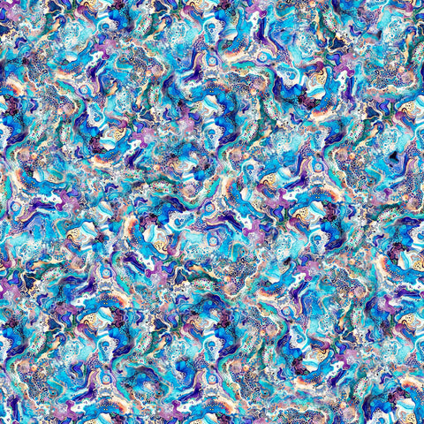 Image of the Fantasia Abstract Flow Blue quilting cotton fabric by QT Fabrics. Features flowers on a blue background. Cute Little Fabric Shop