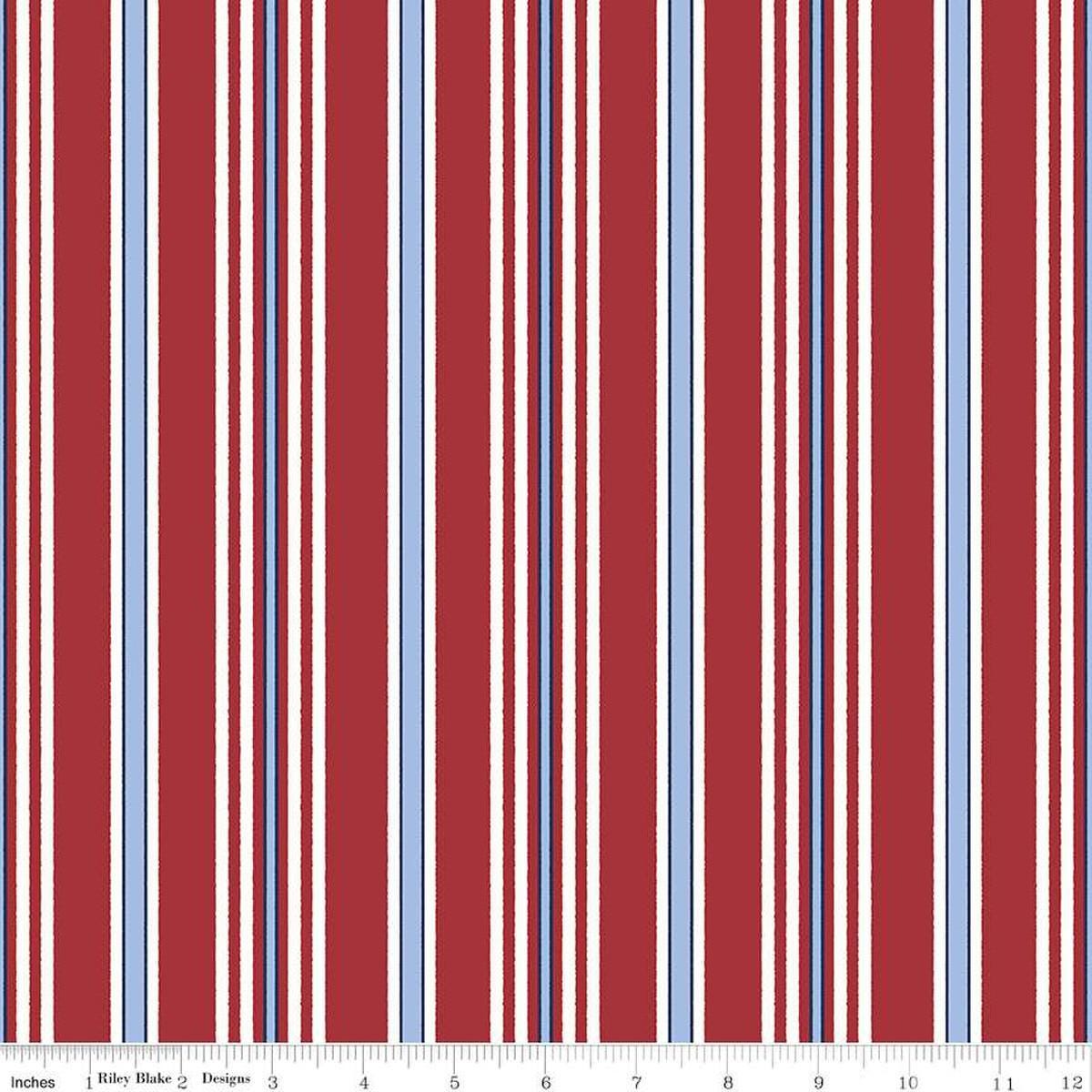 Image of the Yacht Club Stripe Red quilting cotton fabric by Amanda Niederhauser for Riley Blake Designs. Features stripes on a red background. Cute Little Fabric Shop