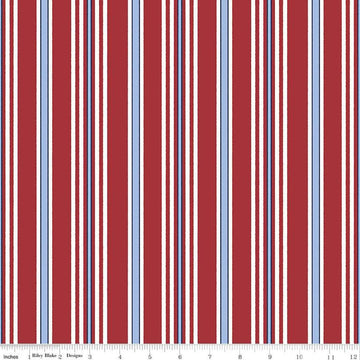 Image of the Yacht Club Stripe Red quilting cotton fabric by Amanda Niederhauser for Riley Blake Designs. Features stripes on a red background. Cute Little Fabric Shop