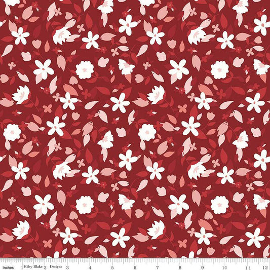 Image of the Yacht Club Flowers Red quilting cotton fabric by Amanda Niederhauser for Riley Blake Designs. Features flowers on a red background. Cute Little Fabric Shop