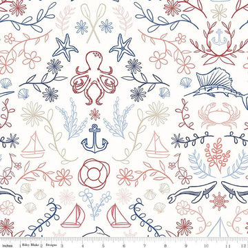 Image of the Yacht Club Main White quilting cotton fabric by Amanda Niederhauser for Riley Blake Designs. Features symbols on a white background. Cute Little Fabric Shop